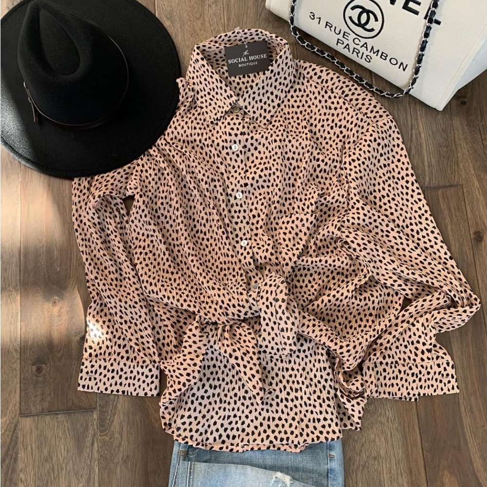 Women’s Sheer Animal Print Long Sleeve Button Down Top